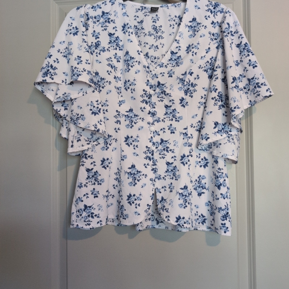 SHEIN White and Blue Floral Blouse